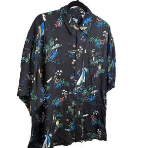 Vintage Hawaiian Shirt Men’s Black Sailboat Palm Tree Tropical Floral Aloha XL